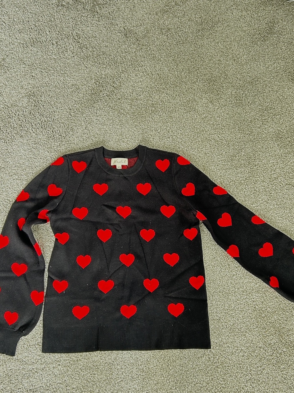 Marled Black Crewneck Sweater with Red Heart Motif